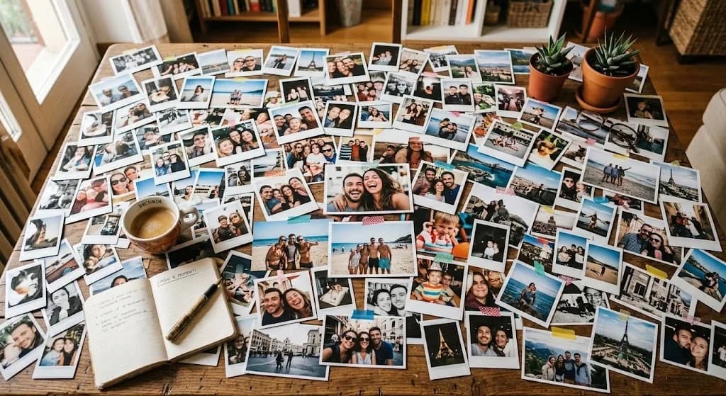 Decine di stampe fotografiche 10x15 sparse su un tavolo di legno